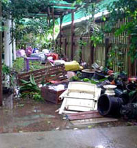 Flood debris under pergola