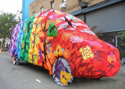 Brooklyn van covered completely in a crochet wrap