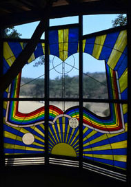 Stained glass window in a Japanese tree house designed by Takashi Kobayashi and the Treehouse People collective